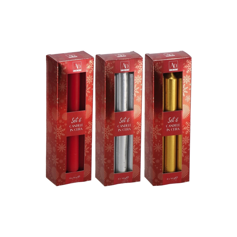 Ad S/6 Candele Cera Natale A 3 Colori Diam2Xh19