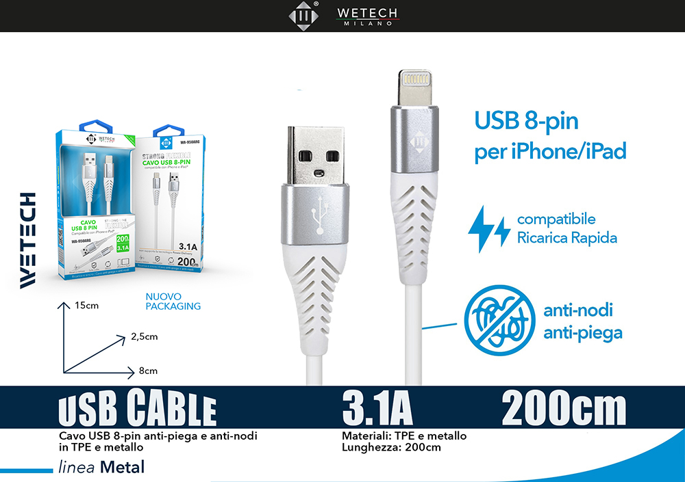 Wetech Cavo Lightning Antipiega E Antinodi 3.0A 2Mt