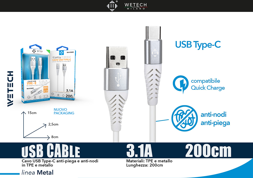 Wetech Cavo Usb-C Antipiega E Antinodi 3.0A 2M