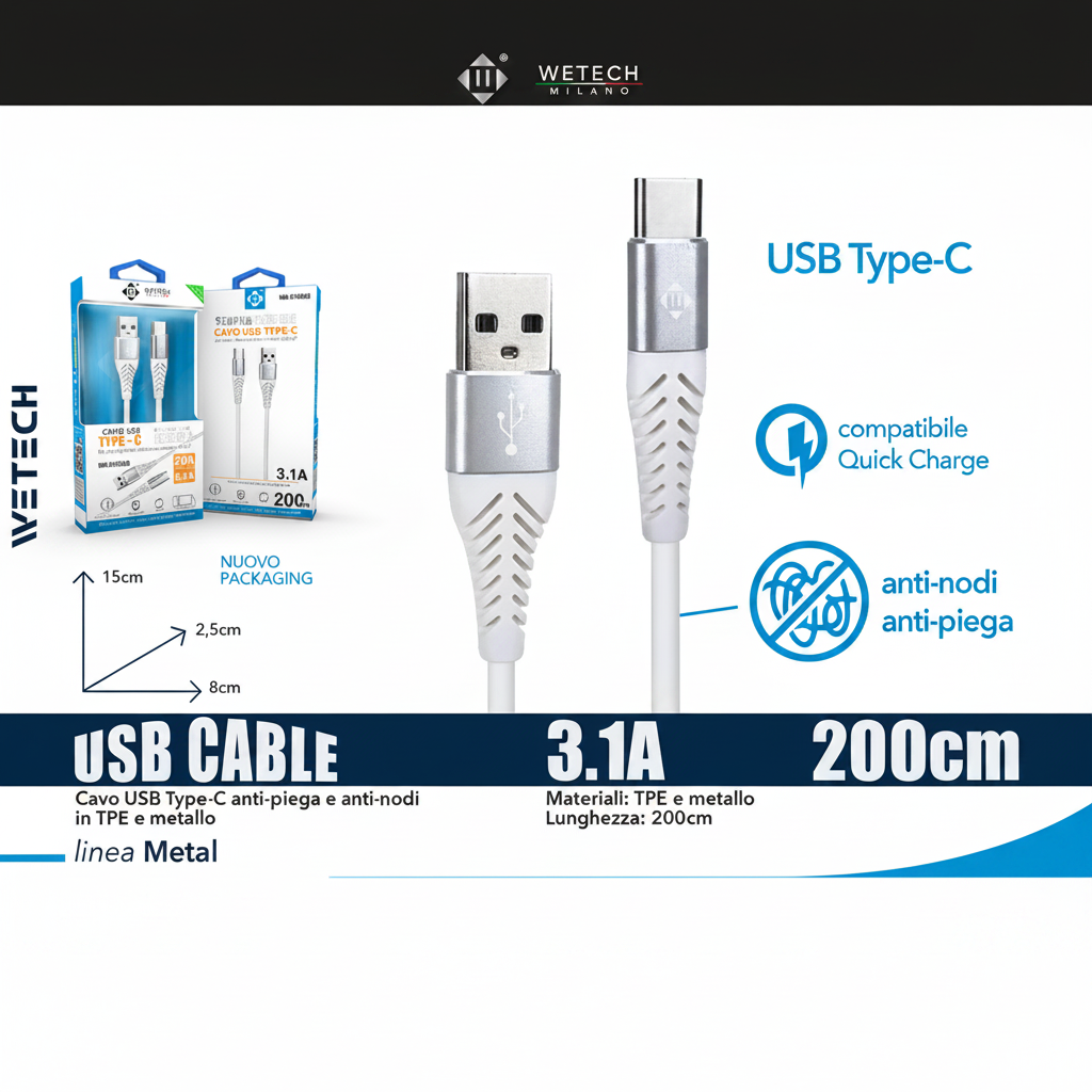 Wetech Cavo Usb-C Antipiega E Antinodi 3.0A 2M