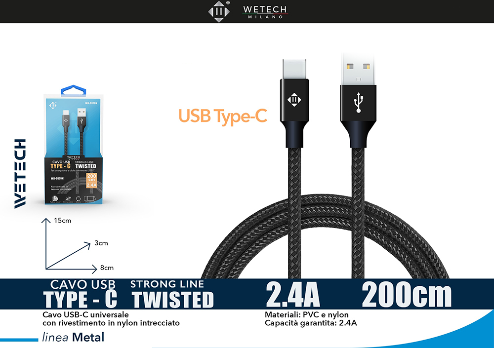 Wetech Cavo Usb C Febric 200Cm 2.4A-Nero