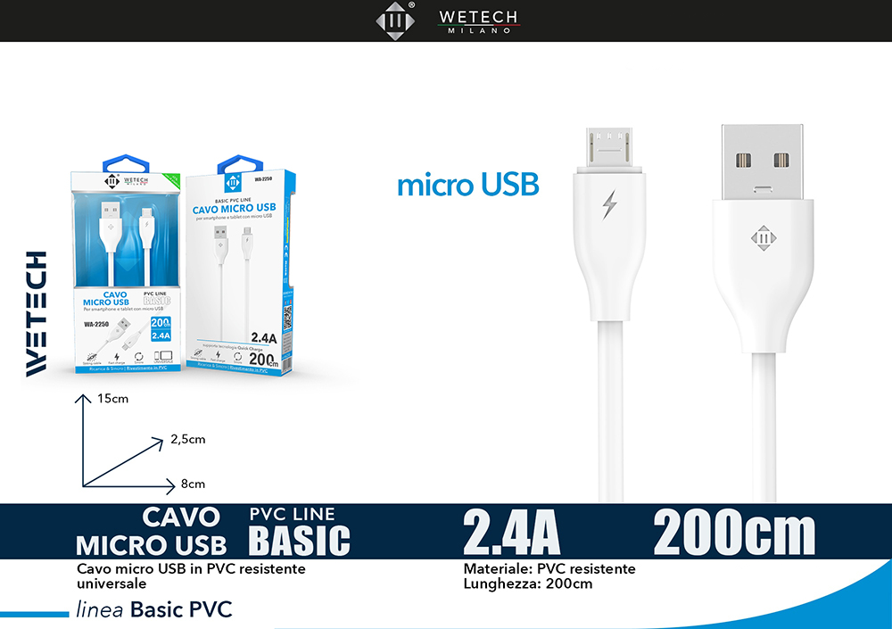 Wetech Cavo Micro Usb Basic 2.4A 200Cm-Bianco