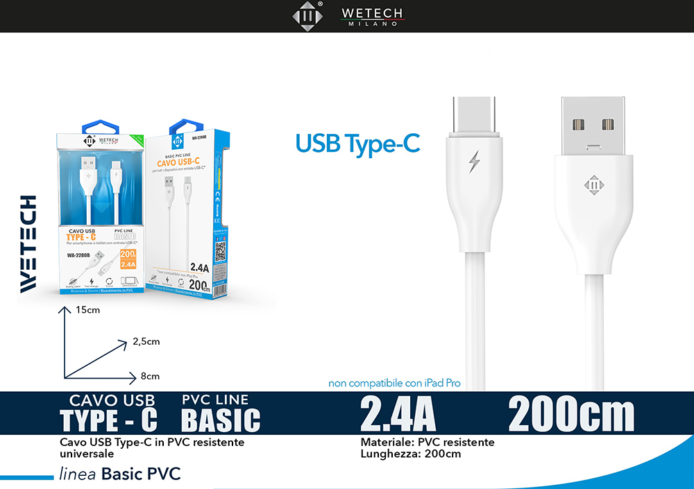 Wetech Cavo Usb-C Basic 2.4A 200Cm-Bianco