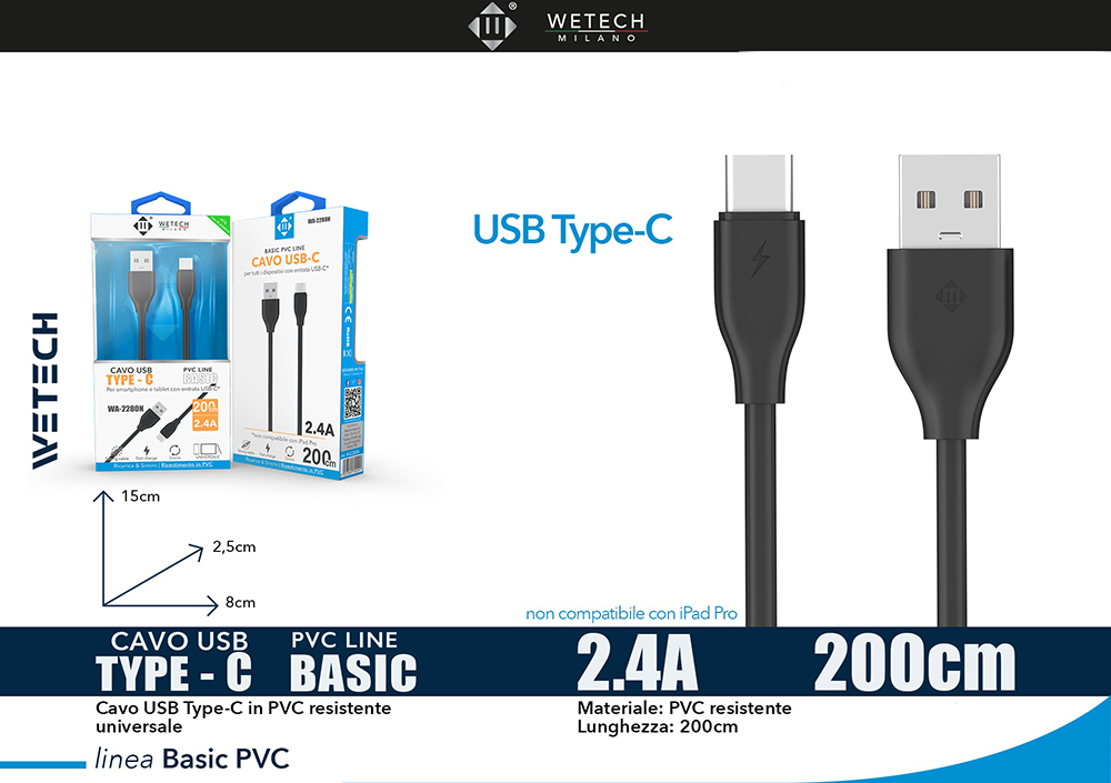 Wetech Cavo Usb-C Basic 2.4A 200Cm-Nero