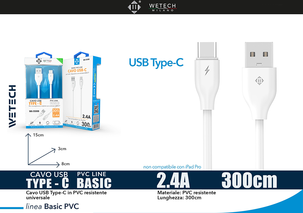 Wetech Cavo Usb-C Basic 2.4A 300Cm-Bianco