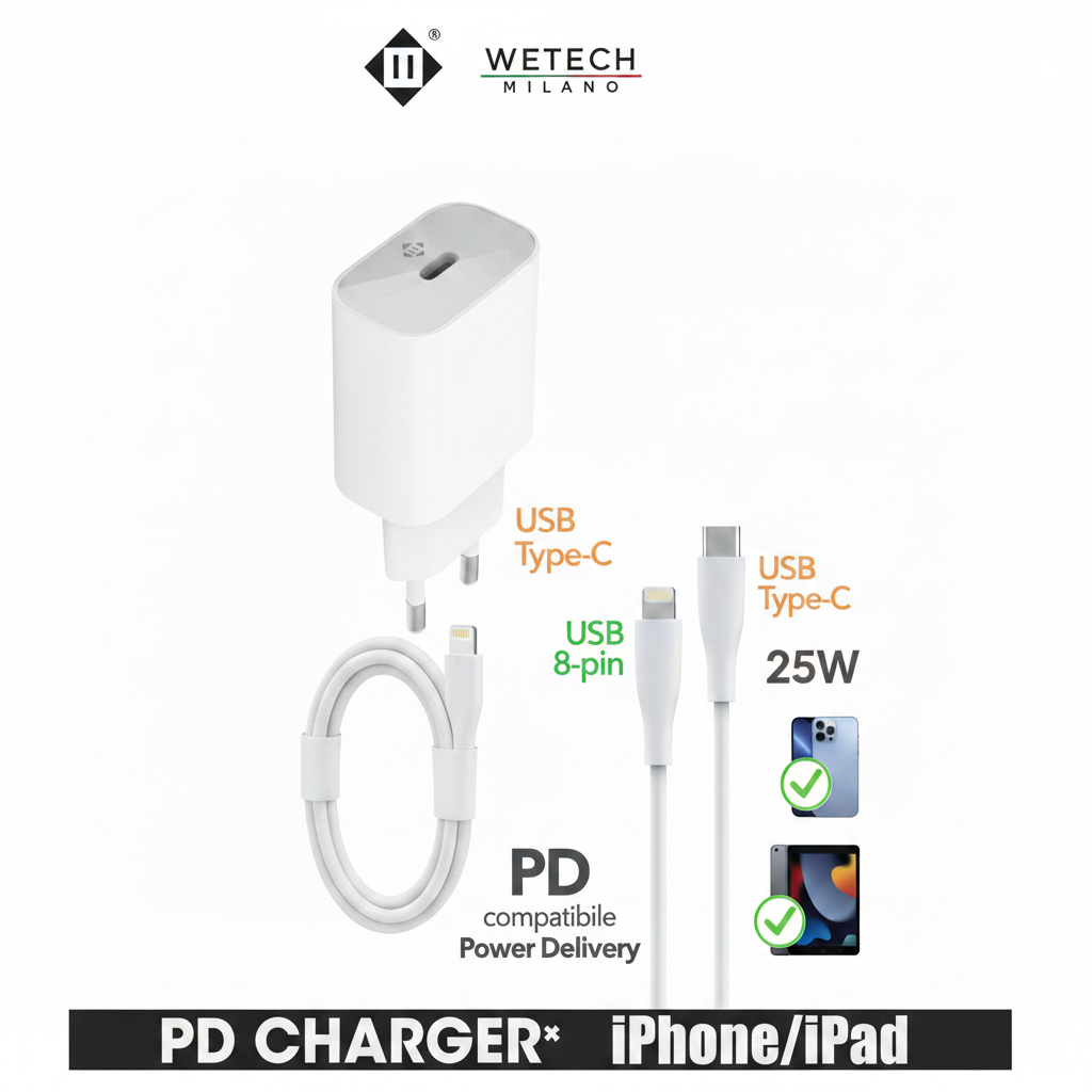 Wetech Caricatore Da Muro Usb C C/Cavo Usb 8Pin