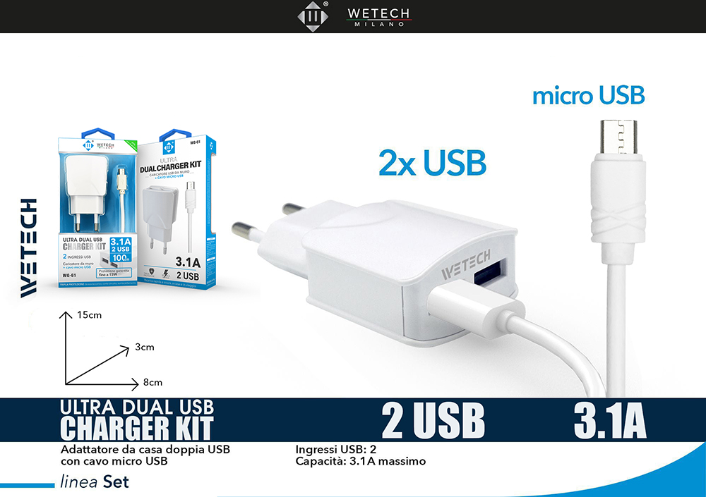 Wetech Set Casa Caricatore 31A Con Cavo Micro Usb