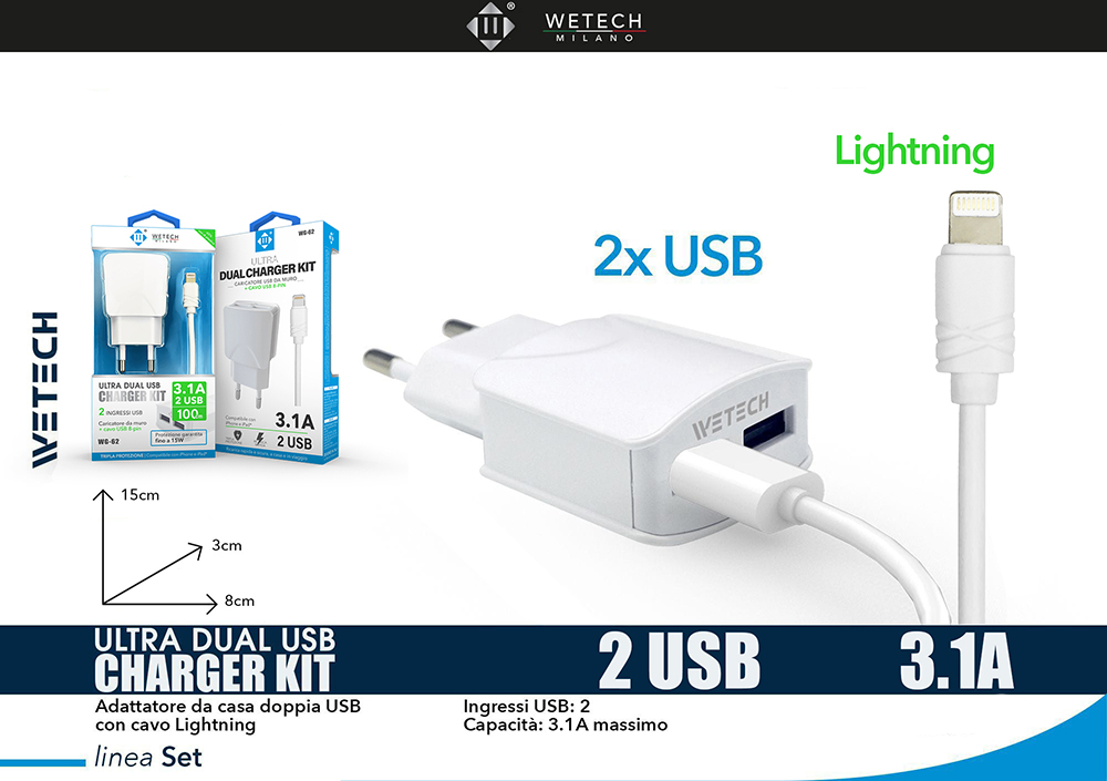 Wetech Set Casa Caricatore 31A Con Cavo Usb Light