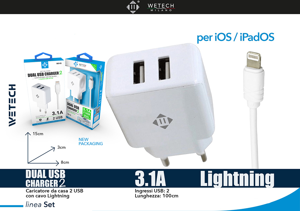 Wetech Set Casa Caricatore 2 Usb 2.4A + Cavo Lightning