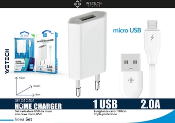 Wetech Set Casa Caricatore D/Muro 2A + Cavo Micro Usb