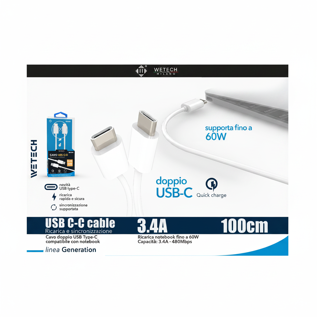 Wetech Cavo Usb C-C Quickcharge 3.4A 1Mt Smartphone/Notebook