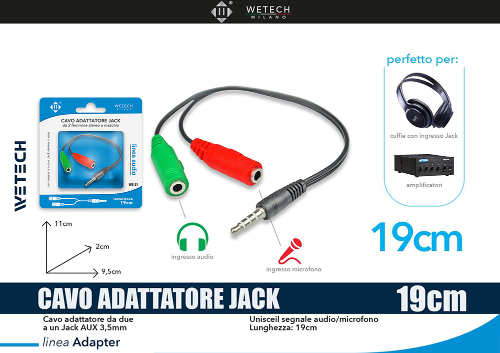 Wetech Adattatore Audio 2 Jack F-Jack 35Mm