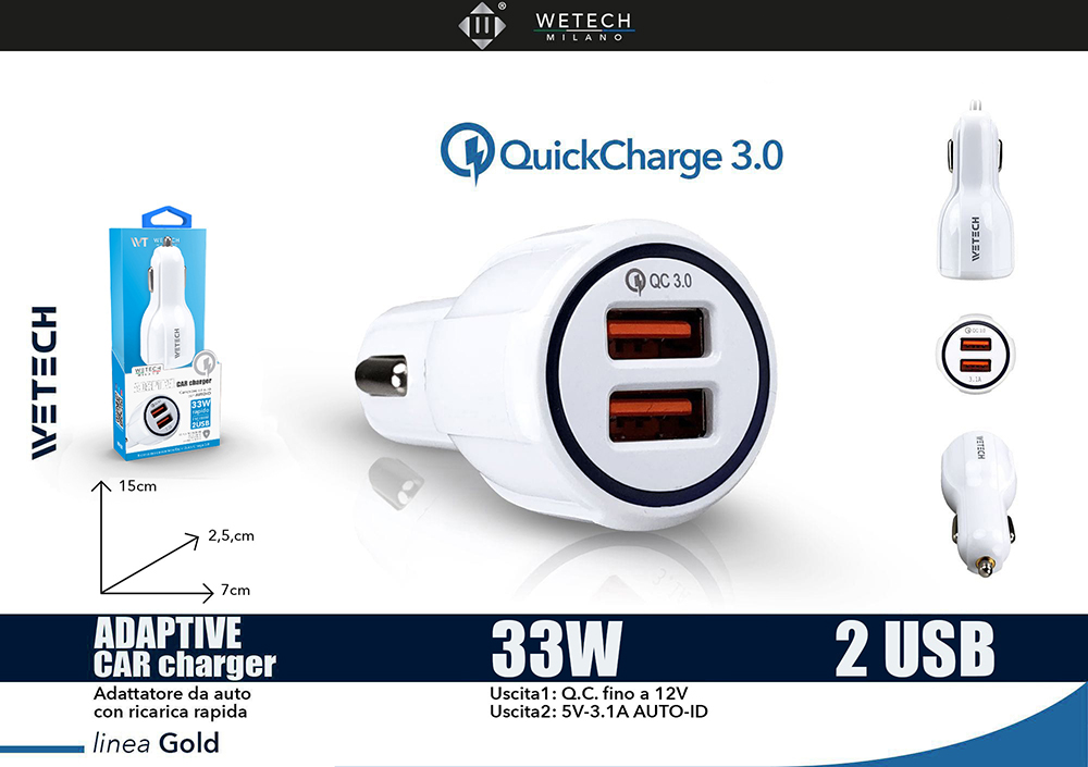 Wetech Adattatore Da Auto Usb 2 Usb Quick Charge 6A