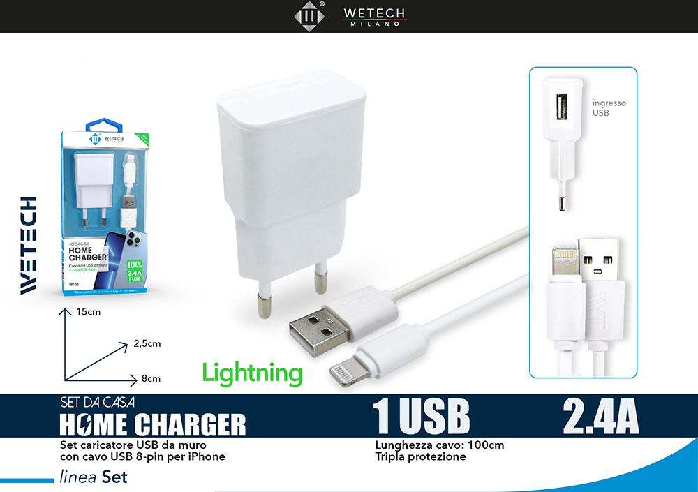 Wetech Set Casa Adattatore 2A + Cavo Lightning Wg56