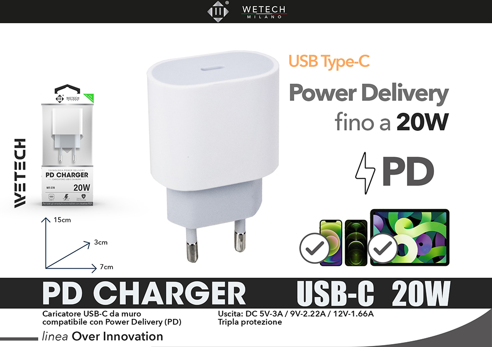 Wetech Adattatore Da Casa Usb-C Pd 20W