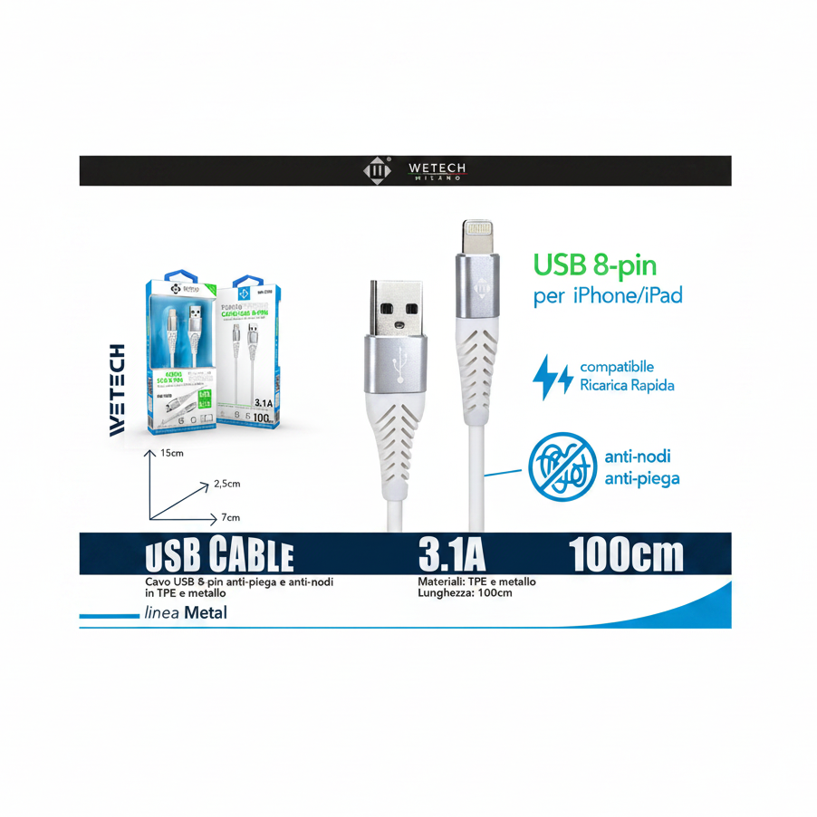 Wetech Anti-Bend and Anti-Knot Lightning Cable 3.0 1M