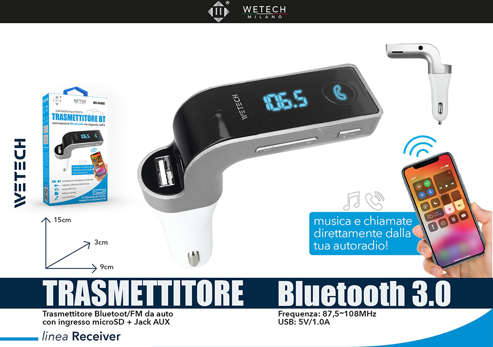 Wetech Trasmettitore Bluetooth Da Auto + Usb Wd04N