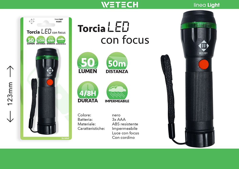 Wetech Torcia Led Con Focus In Abs 3Xaa2