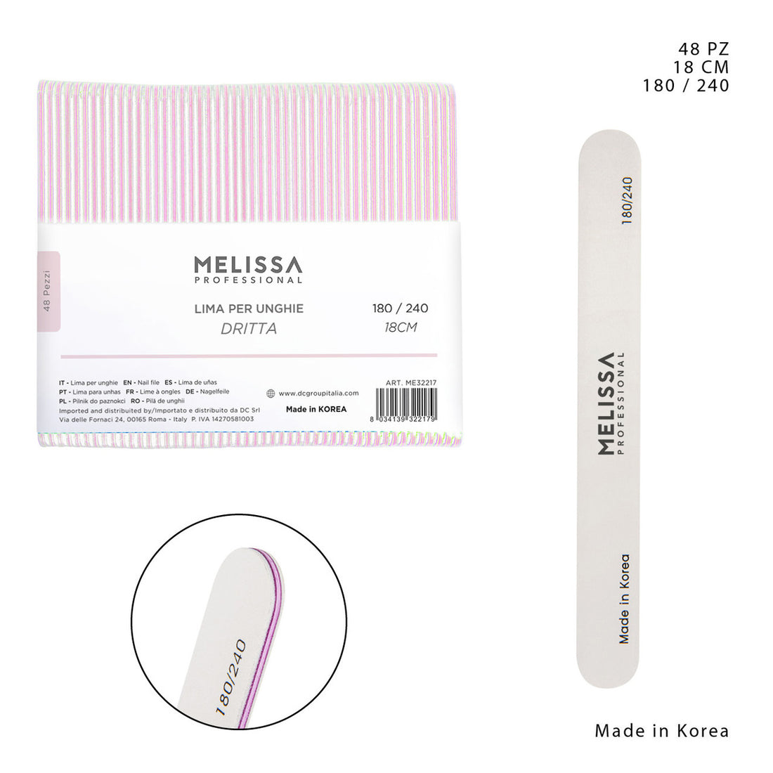 Melissa - Lima Per Unghie Corea Dritta Bianco 180/240G 10 cm 1 pz