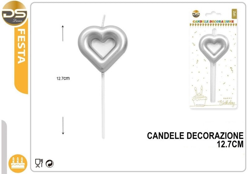 Dz - Party Candela Decorata Forma Cuore Argento 13Cm