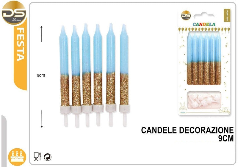 Dz - Party Candele Decorate Azzurro Glitter 7.8Cm 6Pz