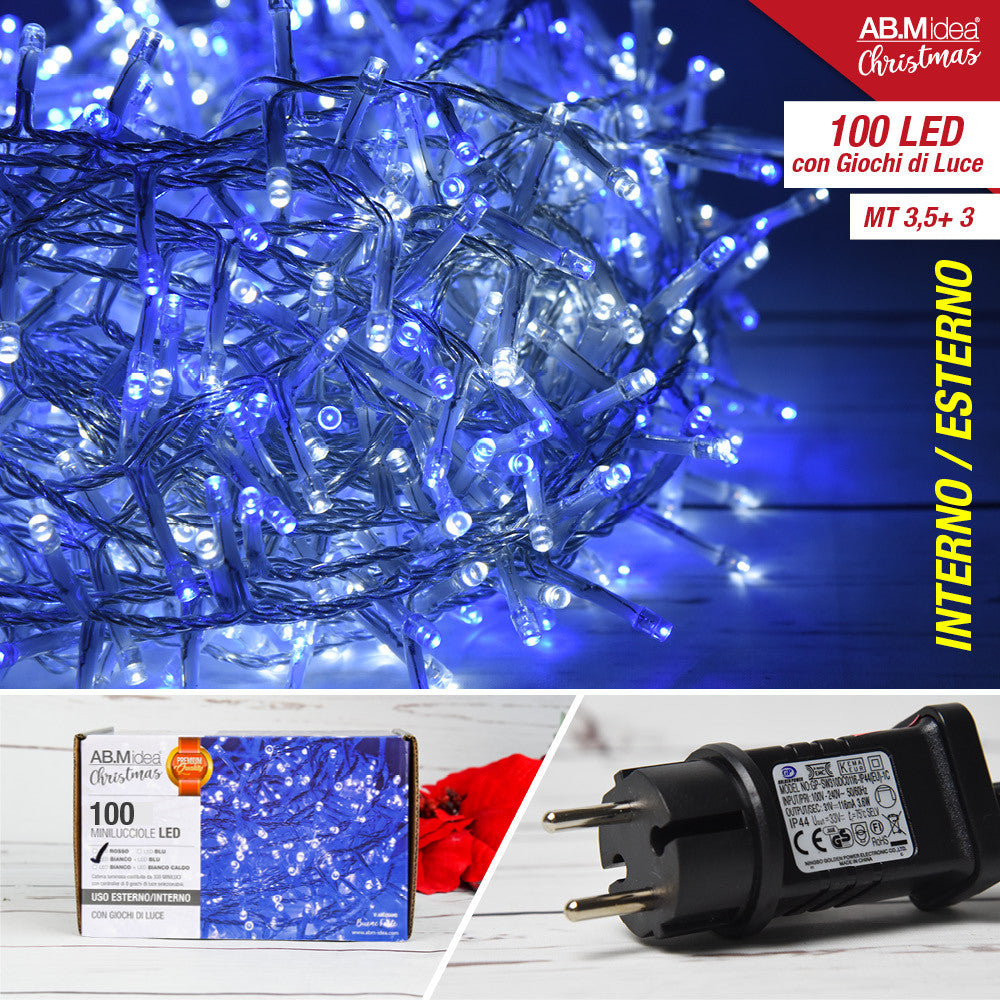 Ab.M Mini Lucciole Trasparente 100 Led Mt.3,5+3 C/Giochi Bianco+Bl