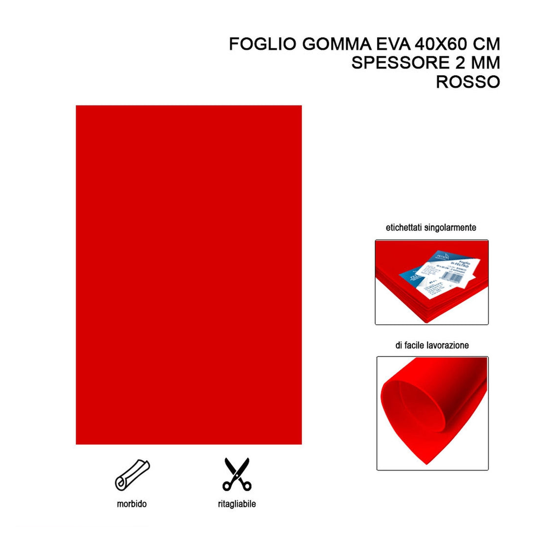 Foglio gomma EVA 40x60 cm 2 mm Rosso 1 pz