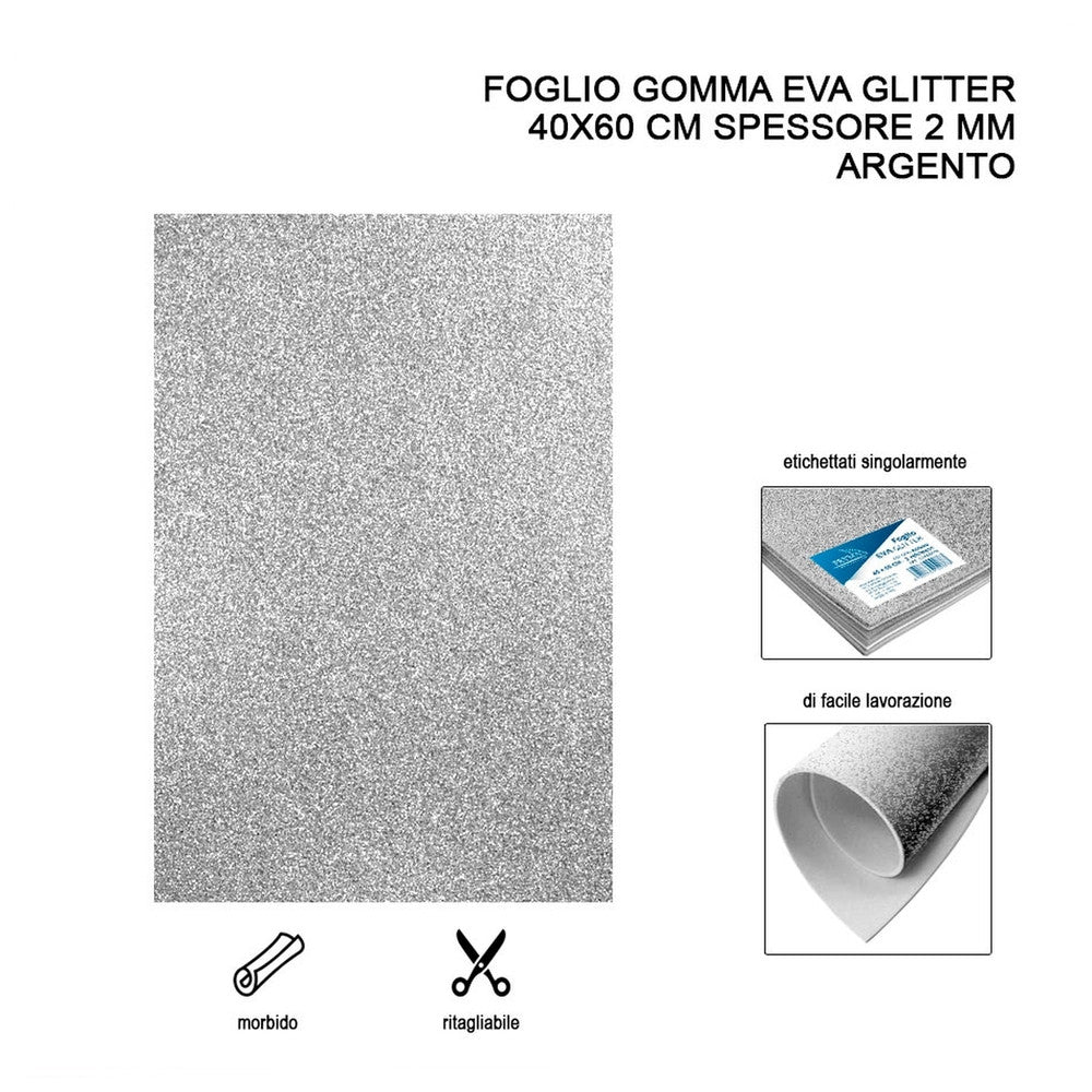 Foglio Gomma Eva Glitter 40X60Cm 2Mm Argento