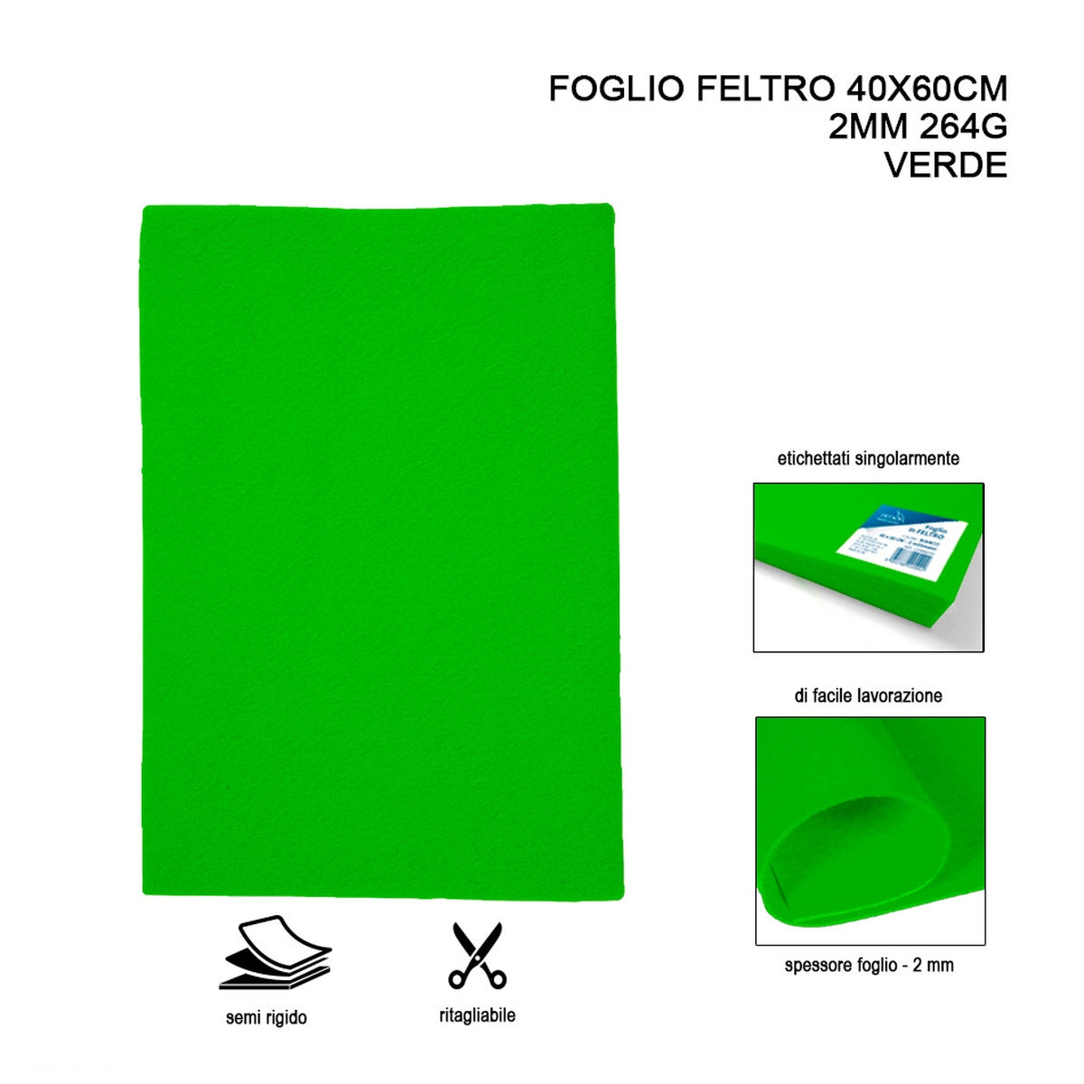 Pryma - Foglio feltro 40x60 cm 2mm 264G verde chiaro