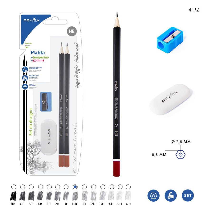 Pryma - Hb Pencil 2pcs+Sharpener+Eraser Bl.4pcs