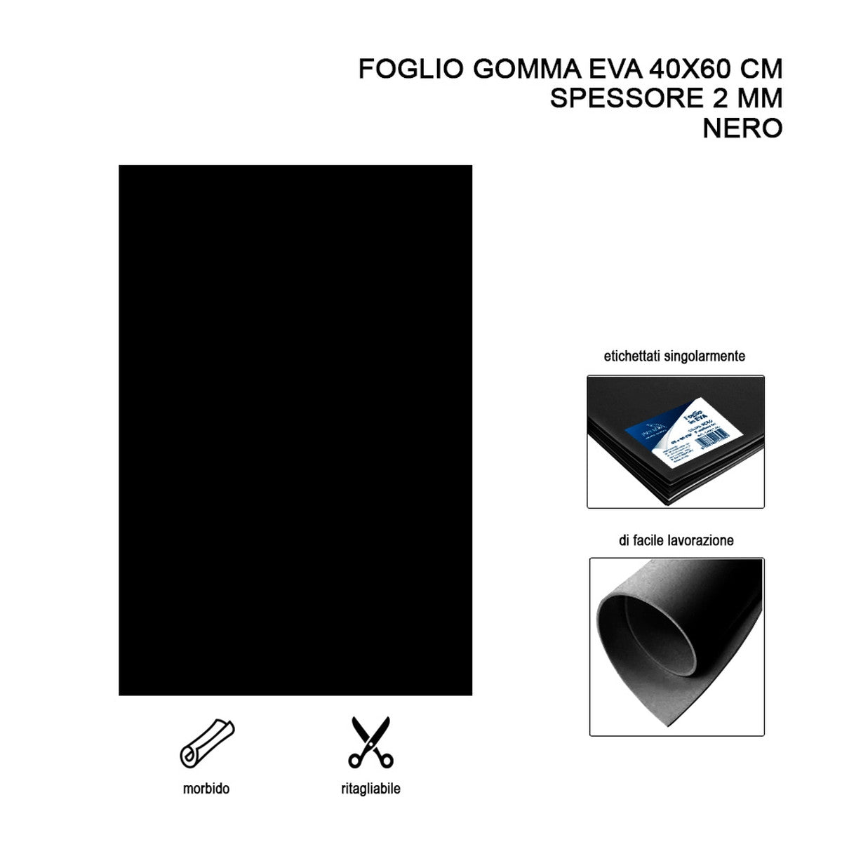 Foglio gomma EVA 40x60 cm 2 mm Nero 1 pz