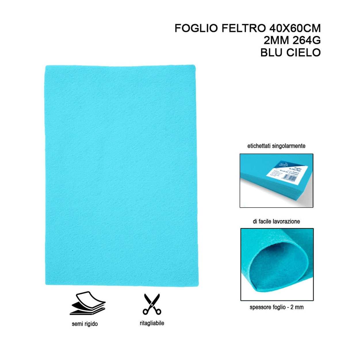 Pryma - Foglio feltro 40x60 cm 2mm 264G blu cielo