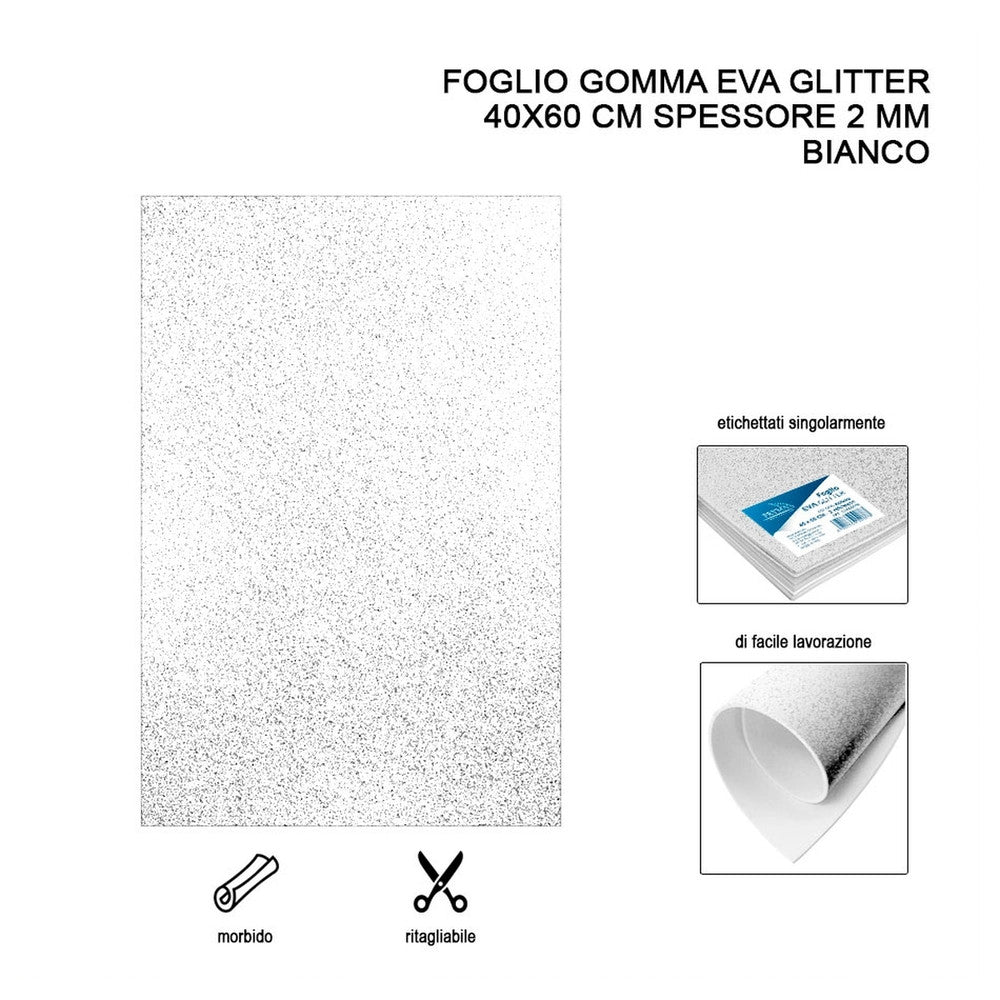 Foglio Gomma Eva Glitter 40X60Cm 2Mm Bianco