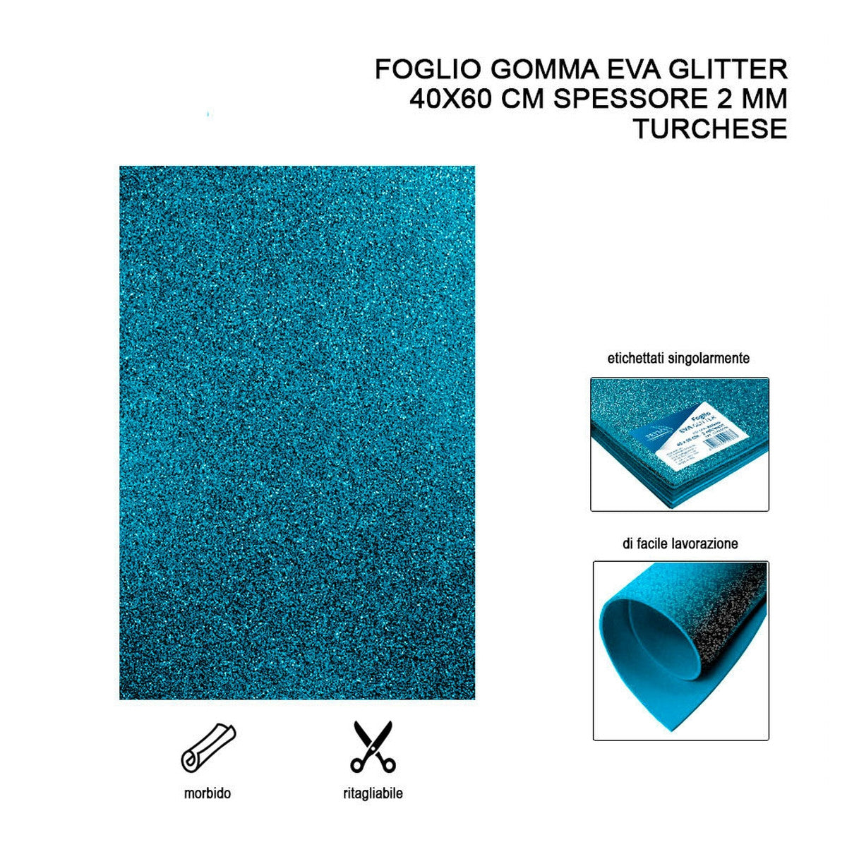 Foglio Gomma Eva Glitter 40X60Cm 2Mm Turchese