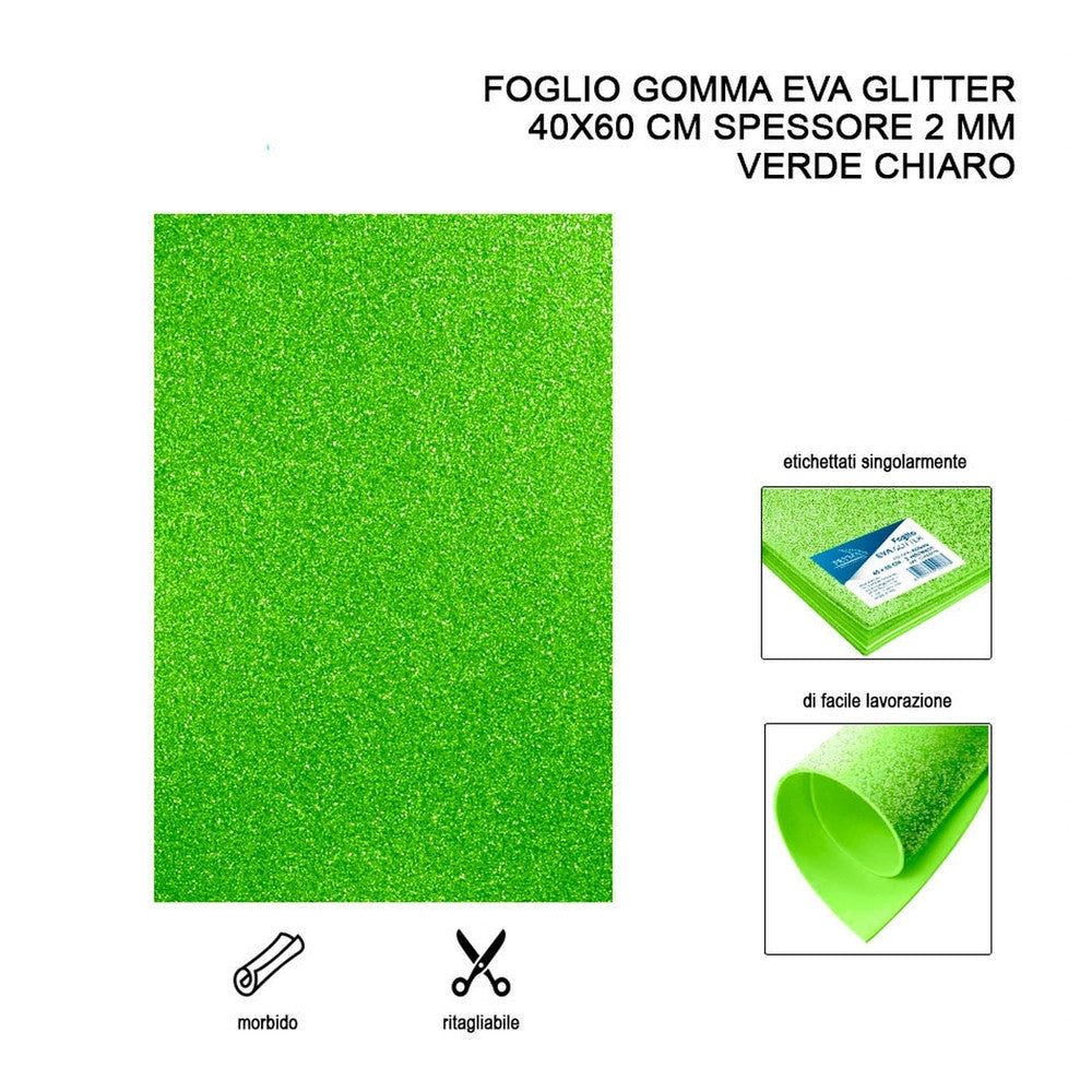 Foglio Gomma Eva Glitter 40X60Cm 2Mm Verde Chiaro