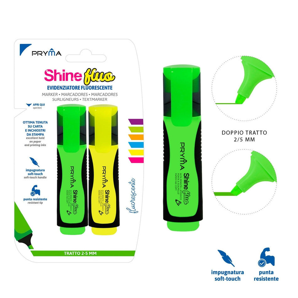 Pryma - Evidenziatore shine fluo 2pz giallo/verde