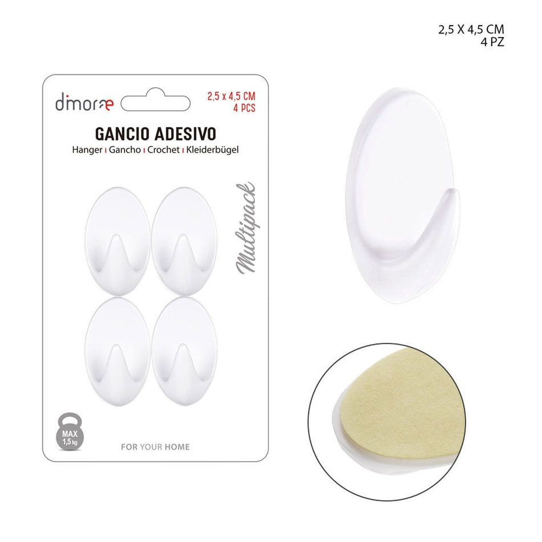 Dimorae - Gancio Adesivo Plastica Ovale 3X4.5Cm 4Pz Bianc