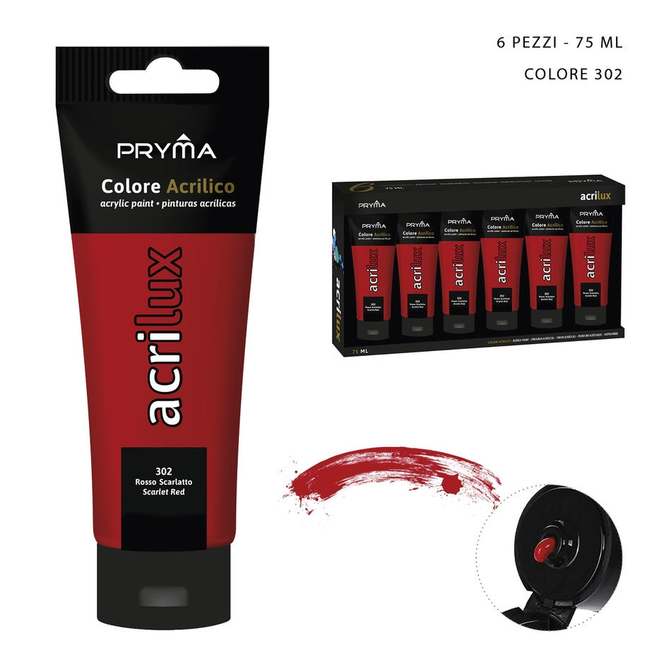 Pryma - Colore acrilico 75Ml  N.302 rosso scarlatto