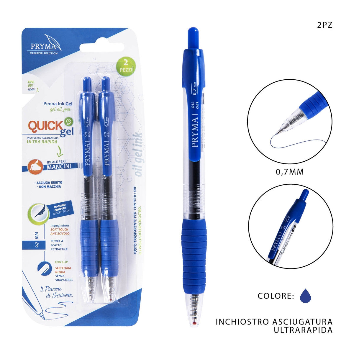 Pryma - Penna Gel Quick Dry 0.7Mm 2Pz Blu