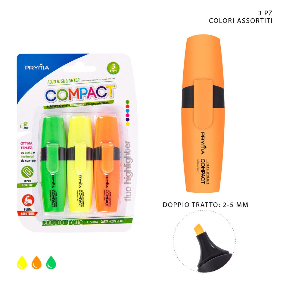 Pryma - Evidenziatore compact fluo 3pz verde/giallo/aranc