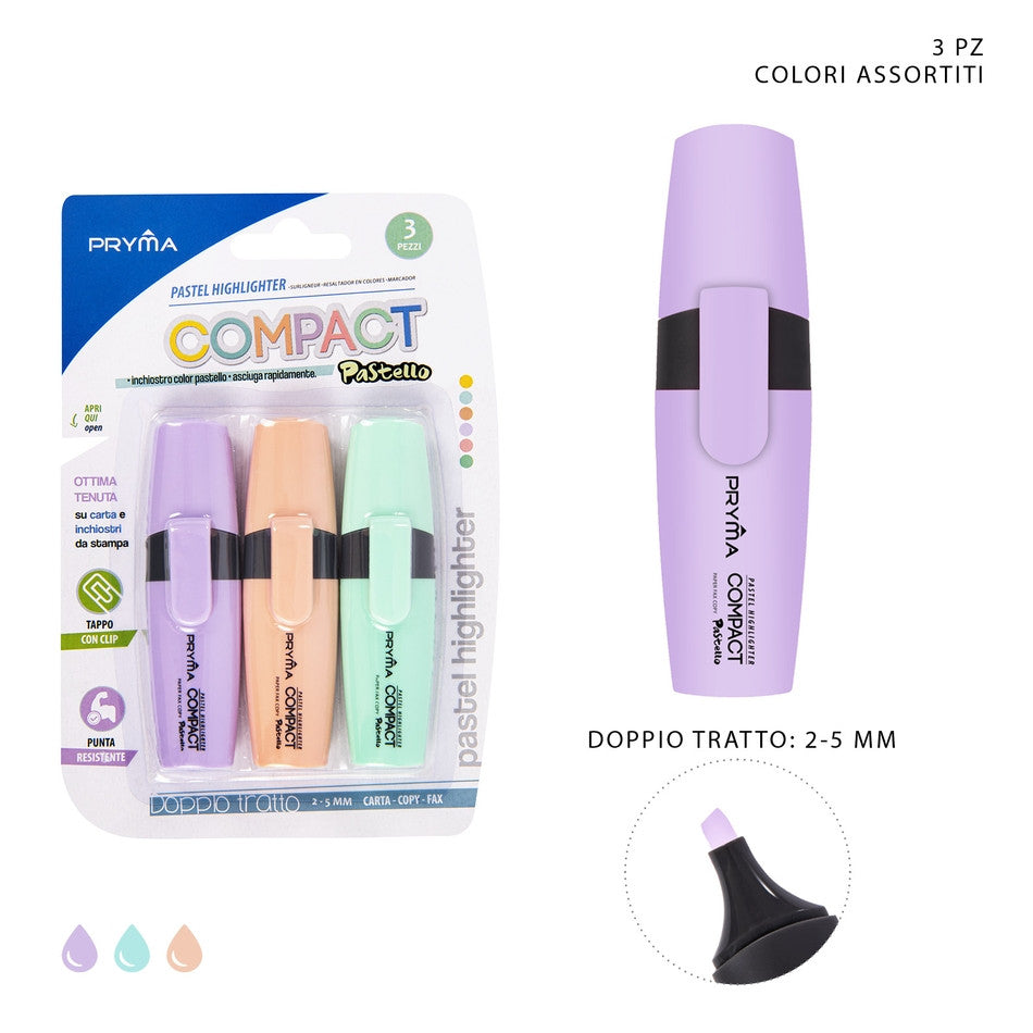 Pryma - Evidenziatore compact fluo 3pz colori pastello ass