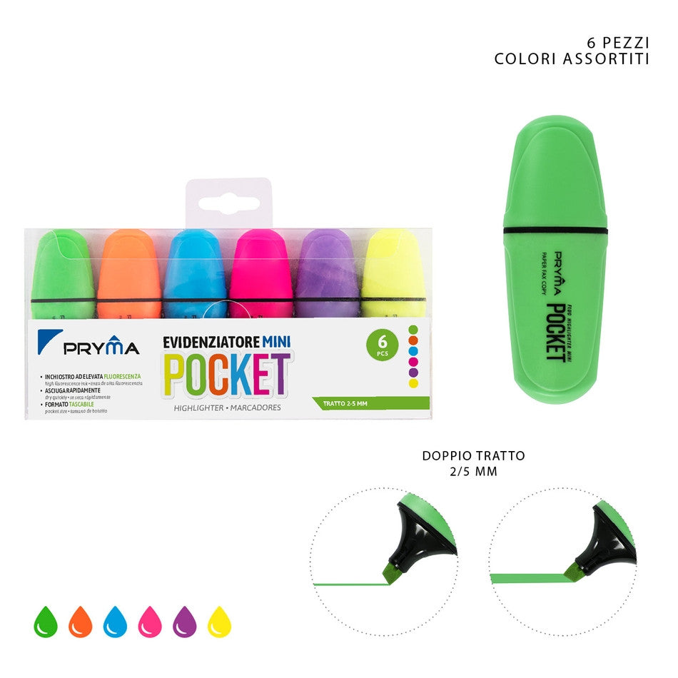 Pryma - Evidenziatore mini pocket fluo 6pz fluo