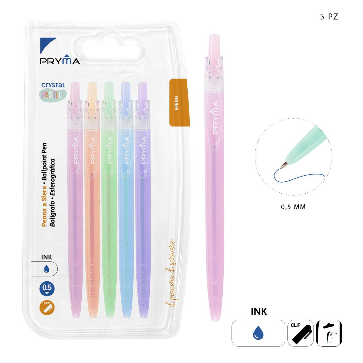 Pryma - Penna Sfera Crystal Pastel 0.5Mm 5Pz Blu Bl.