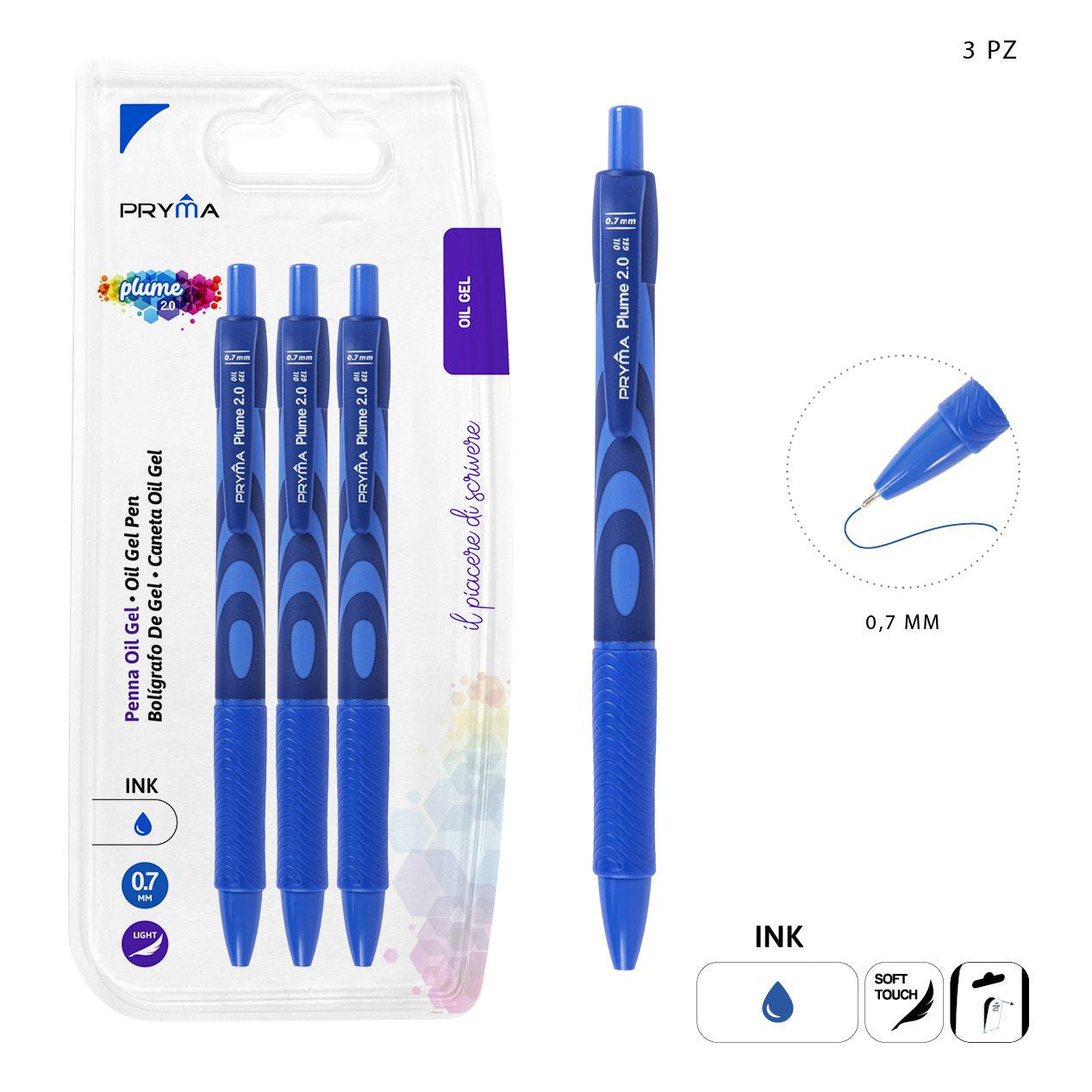 Pryma - Penna Oil Gel Plume 2.0 0.7Mm 3Pz Blu Bl.