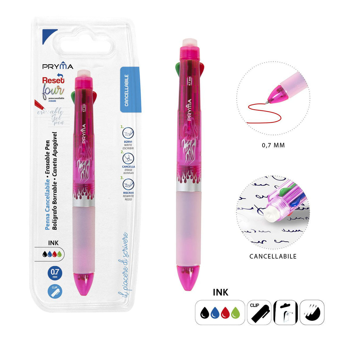 Pryma - Penna Gel Cancellabile 4Colori 0.7Mm Rosso Bl.