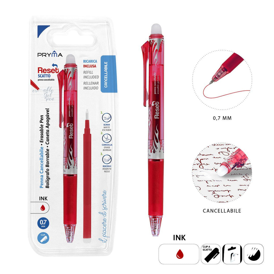 Pryma - Penna Cancellabile Scatto 0.7Mm + Ricarica Rosso Bl.