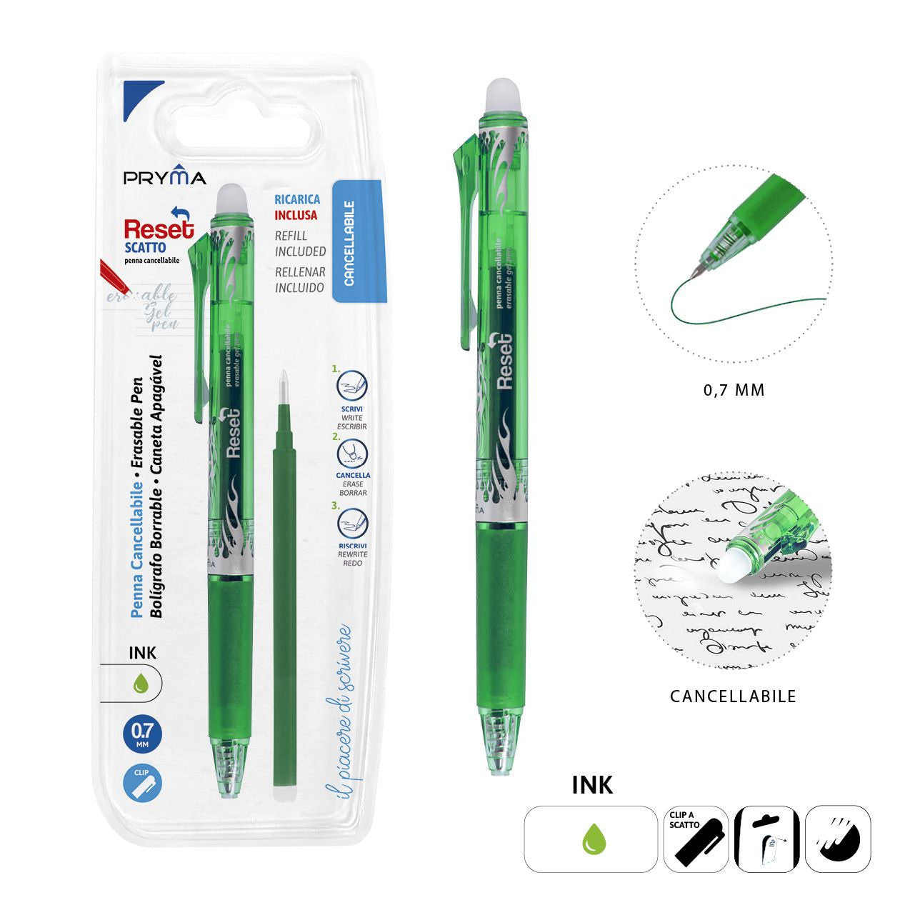 Pryma - Penna Cancellabile Scatto 0.7Mm + Ricarica Verde Bl.