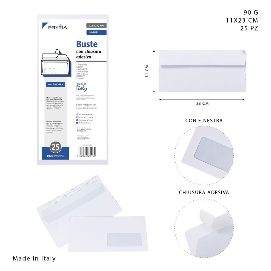 Pryma - Busta con finestra  90g 11x23cm 25 pz