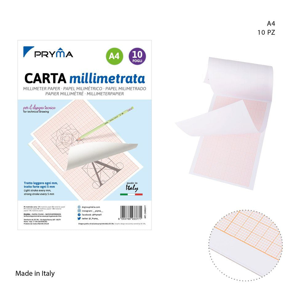 Pryma - Blocco Carta millimetrata 21x29.7Cm a4 10 ff