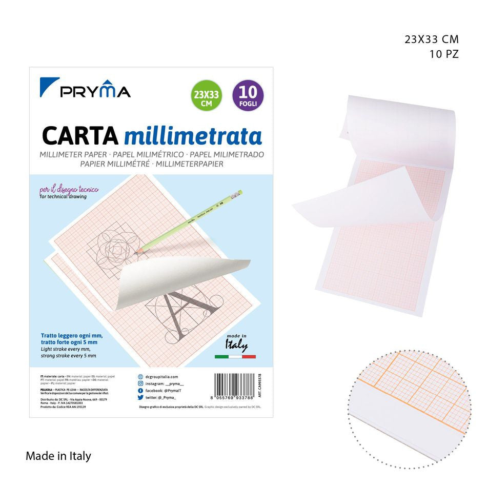 Pryma - Blocco carta millimetrata 23x33Cm, 10 ff